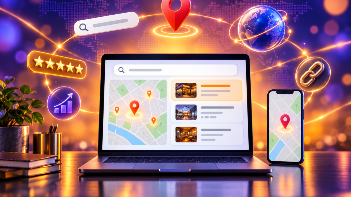 Local SEO vs global SEO strategy with map location pins, reviews and global reach
