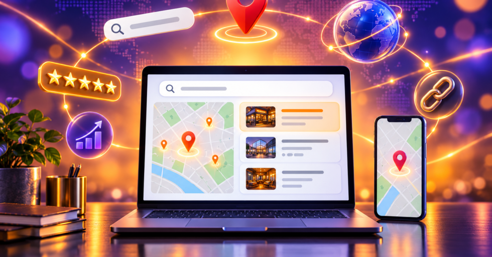 Local SEO vs global SEO strategy with map location pins, reviews and global reach